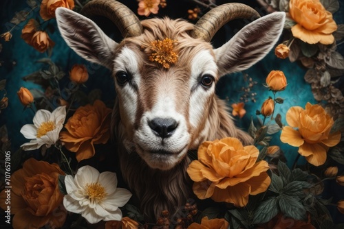 traditional tattoo designs Goat and Flower, Generative AI