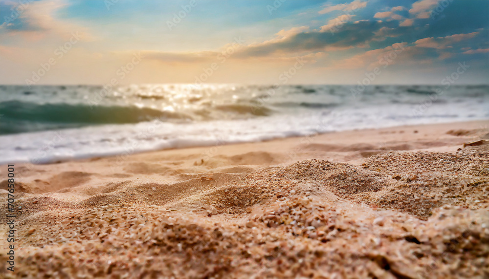 Close up sand with blurred sea sky background, summer day, copy space or for product. Summer Close up sand with blurred sea sky background, summer day, copy space or for product. Summer