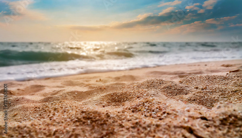 Close up sand with blurred sea sky background, summer day, copy space or for product. Summer 
