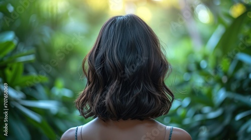 Outside, rear view of a woman wearing a layered black lob haircut. Generative Ai. photo