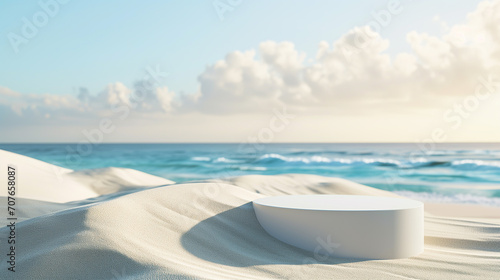 White Sand with White 3D podium put on sand dune againt blurry blue ocean and beautiful sky Summer background with display advertistment concept, 3D rendering
