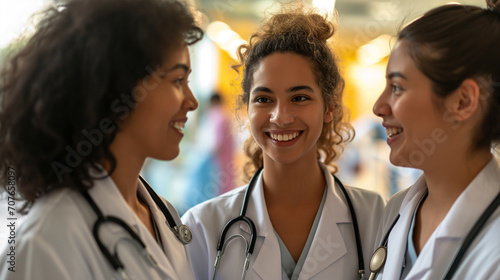 Happy multiracial female physicians looking at each other in hospital