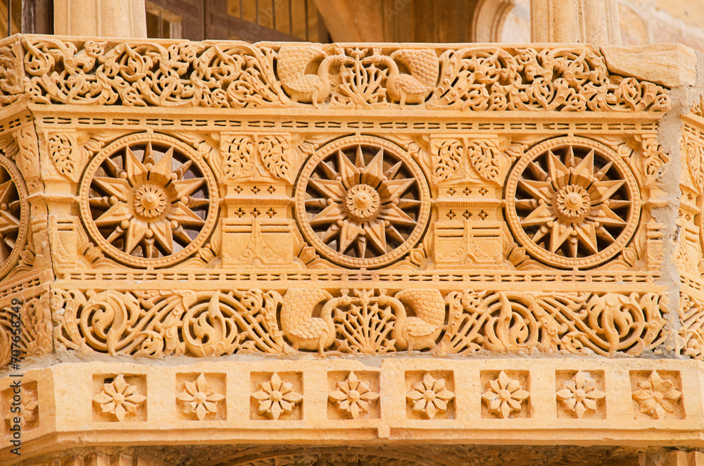 Decorated balcony at Jaisalmer fort, Rajasthan, India, Asia. Background. Backdrop. Wallpaper.