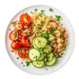 A plate of quinoa salad with sliced cucumber and cherry tomatoes top view isolated on a transparent background 