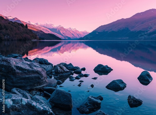 Tranquil lake at sunset with purple hues reflecting on water, surrounded by mountains and rocks in the foreground.