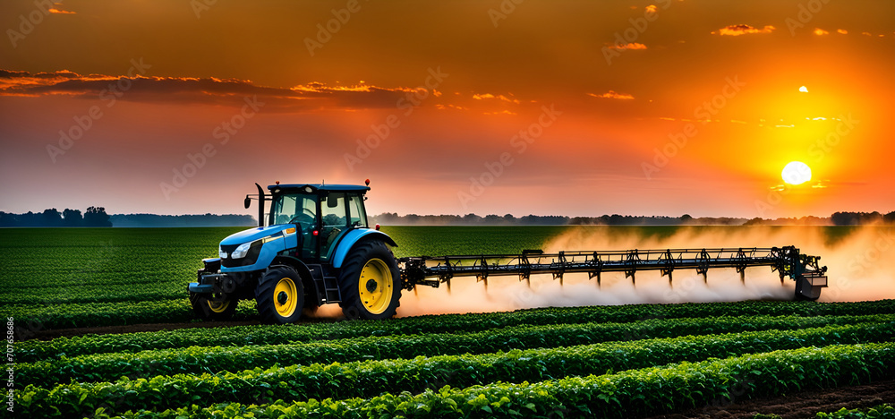 Tractor Spraying Pesticides on cornfield Plantation at Sunset.