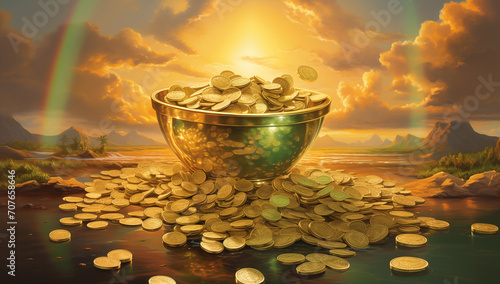 St.Patrick's Day golden pot with gold coins with a rainbow on the horizon