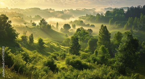 Misty sunrise over a lush green valley with rolling hills and trees. © robertuzhbt89