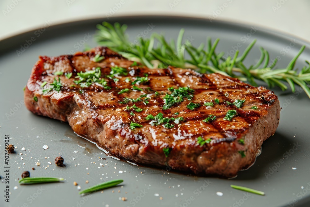 Fried steak with spices and green sprigs of rosemary on gray background. Food photography