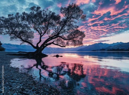 Solitary tree reflected in water at sunset with vibrant pink and blue sky and mountain backdrop.