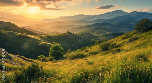 Breathtaking landscape of rolling hills with lush greenery  wildflowers  and a warm sunset over distant mountains.