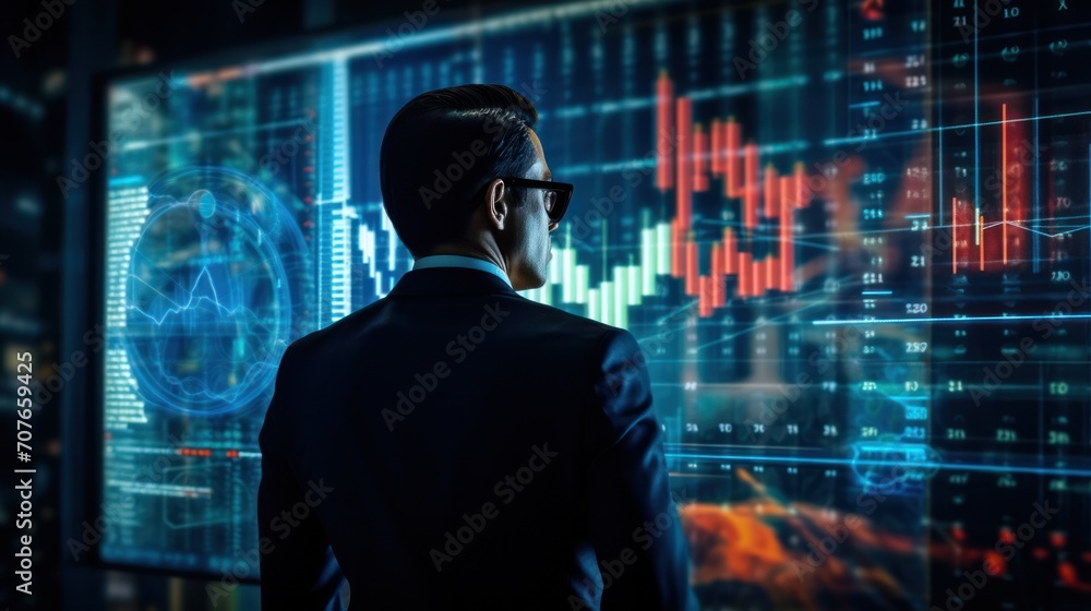 Businessman and Screen holographic interface graph stock market data, Analyzing Market, Trader and investment Businessman and Screen holographic interface graph stock market data, Analyzing Market, Trader and investment