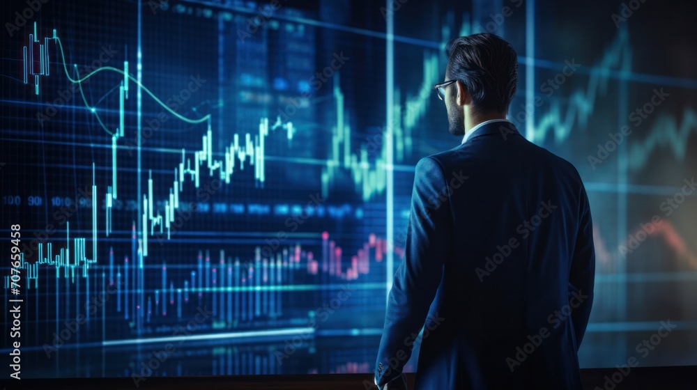 Businessman and Screen holographic interface graph stock market data, Analyzing Market, Trader and investment Businessman and Screen holographic interface graph stock market data, Analyzing Market, Trader and investment