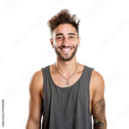front view mid body shot of a gay man in a tank top with a top knot, smiling isolated on a white transparent background.