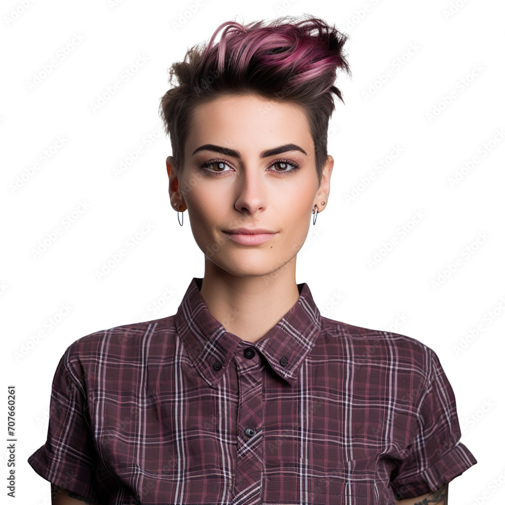 front view mid body shot of a genderfluid individual in a checkered shirt with a sleek bun, looking confidently at the camera isolated on a white transparent background front view mid body shot of a genderfluid individual in a checkered shirt with a sleek bun, looking confidently at the camera isolated on a white transparent background