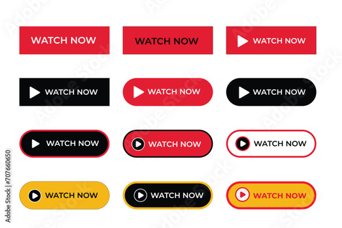 Watch now vector button in flat style. Play video icon set collection 