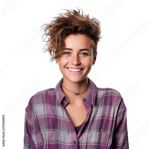 front view mid body shot of an asexual individual in a flannel shirt with a messy bun, smiling isolated on a white transparent background photo