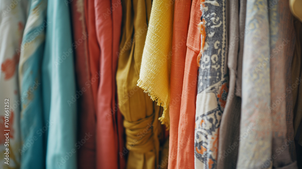 Organized closet, tidy, colorful, textile textures. 