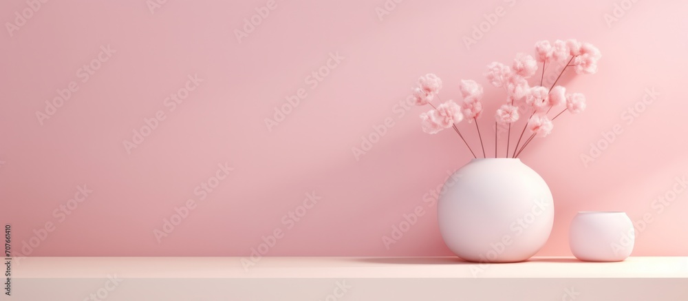 Elegant mock up for product presentation. Interior with with a beautiful framed pink abstract poster and vases with a plant against a Pastel Color wall Elegant mock up for product presentation. Interior with with a beautiful framed pink abstract poster and vases with a plant against a Pastel Color wall