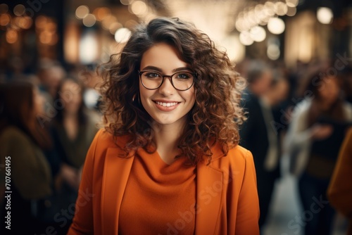 Lovely girl wearing glasses and wavy hair grinning. Generative Ai.