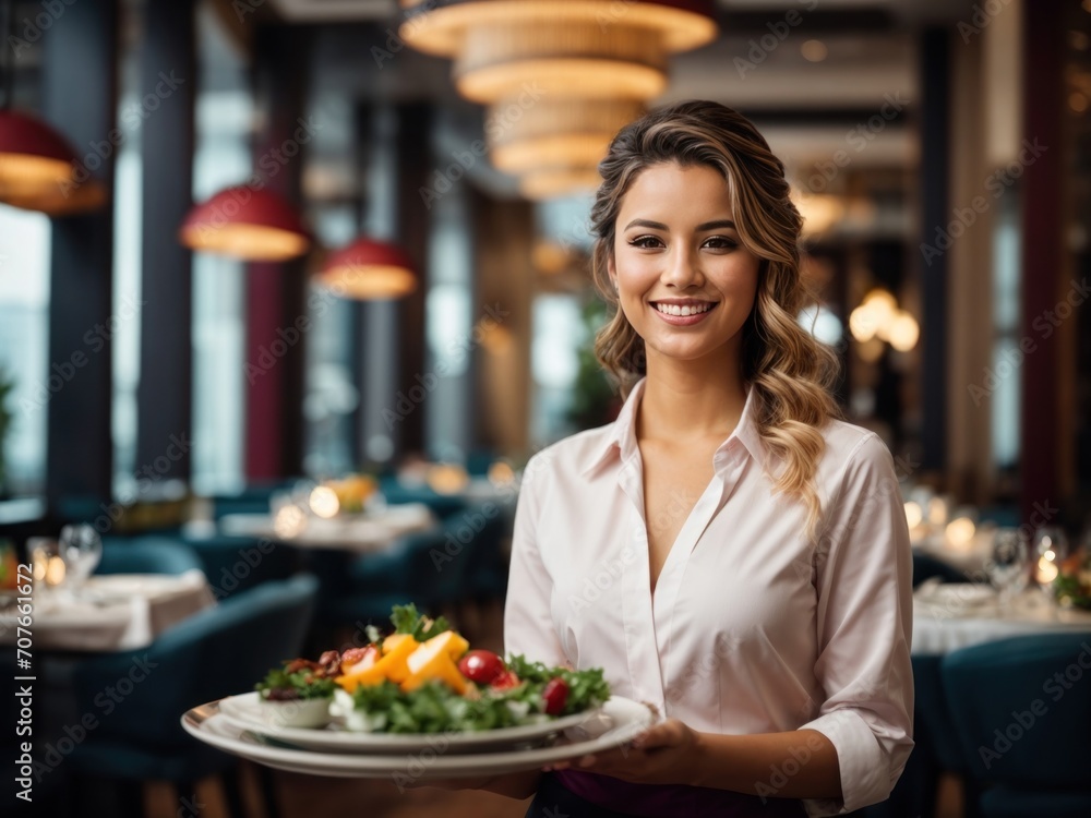 a young and beautiful waitress presents a dish. Generative AI