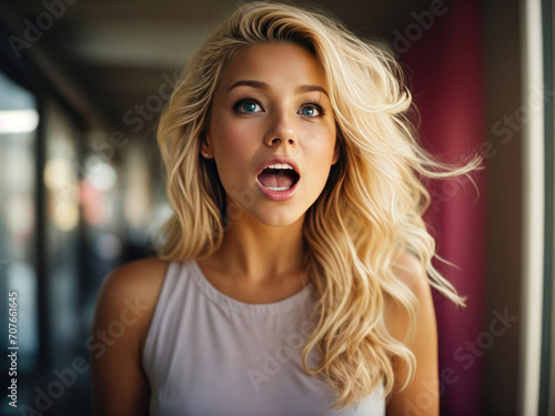 Portrait of a blonde hairs women with a surprised face. Generative AI © sunil