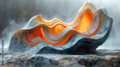 3d abstract orange, grey and yellow abstract 3d wave, in the style of muted earth tones, expansive landscapes, organic and naturalistic compositions, colorful woodcarvings, realistic landscapes with s