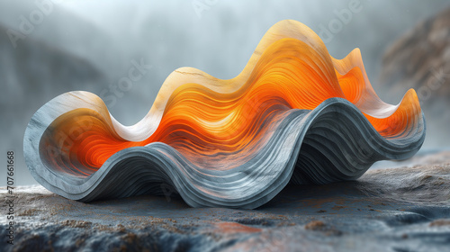 Canvas Print 3d abstract orange, grey and yellow abstract 3d wave, in the style of muted eart