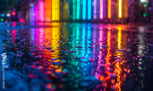 Colorful Neon Lights Dancing in Raindrops