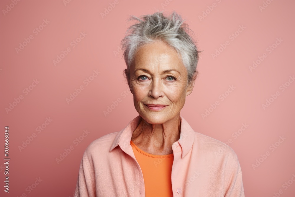 Portrait of smiling senior woman with short gray hair on pink background Portrait of smiling senior woman with short gray hair on pink background