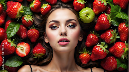 Portrait of a smiling young woman against a background of pile fresh delicious Strawberries