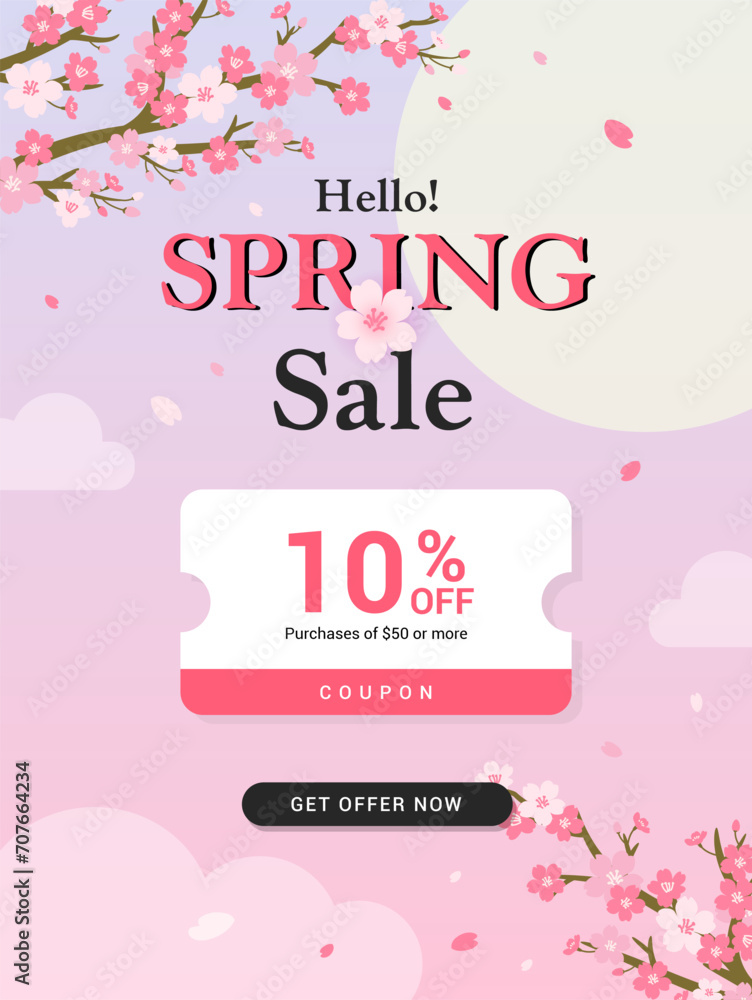 Hello! Spring Sale coupon template poster vector design. Cherry Blossoms branch on purple and pink sky background