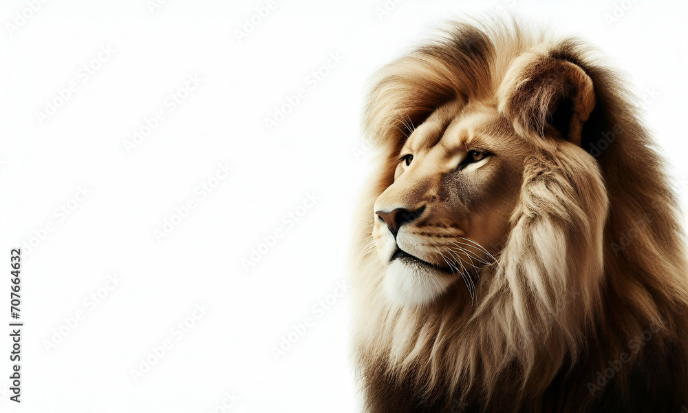 A lion with a long mane and a white background, generative ai