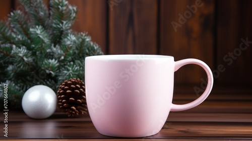 A person holding a blank white mug with a pink handle warm pine forest background