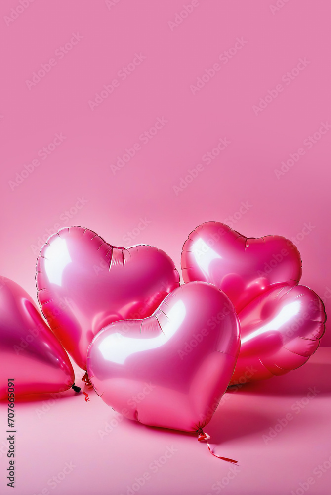 Air balloons heart shape on a pink background. Saint Valentine's Day celebration. Banner. Concept love. Сopy space