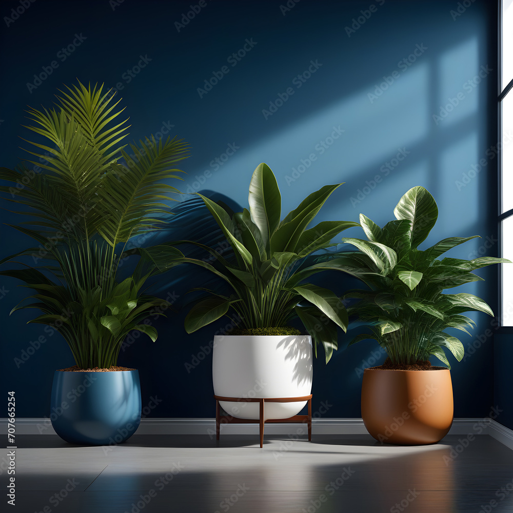 Stylish green houseplants on blue background. Modern room decor. Exotic houseplants for home decor. Home gardening concept, interior design. Stylish green houseplants on blue background. Modern room decor. Exotic houseplants for home decor. Home gardening concept, interior design.