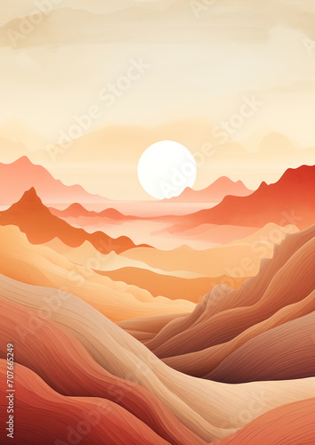 Silhouette of Majestic Mountains: A Tranquil Sunrise Over the Colorful Landscape © VICHIZH