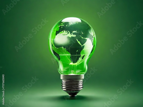 Renewable Energy.Environmental protection, renewable, sustainable energy sources. Green world map on the light bulb on green background .green energy.