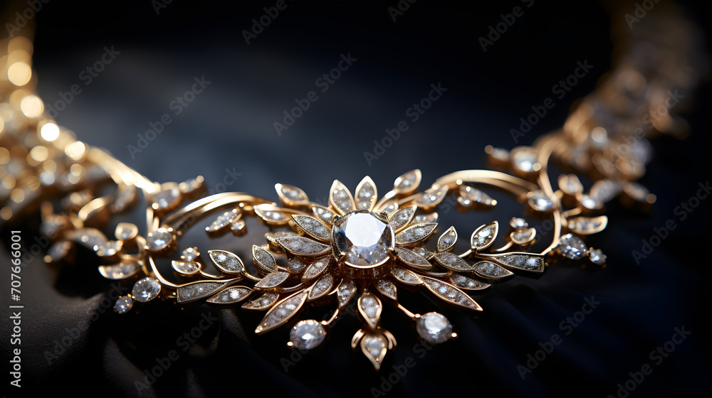 Closeup of gold necklace along with diamonds - obrazy, fototapety, plakaty 