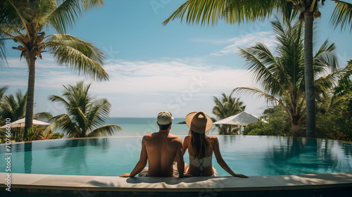 Couple enjoys beach vacation at tropical resort along with swimming pool and coconut palm trees near the coast with beautiful landscape © Trendy Graphics