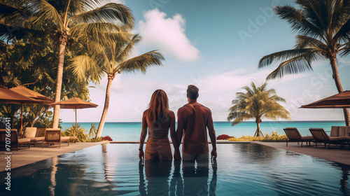 ouple enjoys beach vacation holidays at tropical resort with swimming pool and coconut palm trees near the coast with beautiful landscape © Trendy Graphics