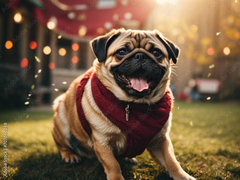 Obraz premium Portrait of Beautiful Pug dog bokeh in the background. Generative AI