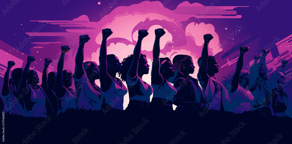 silhouette of women with raised hand in fist - obrazy, fototapety, plakaty 