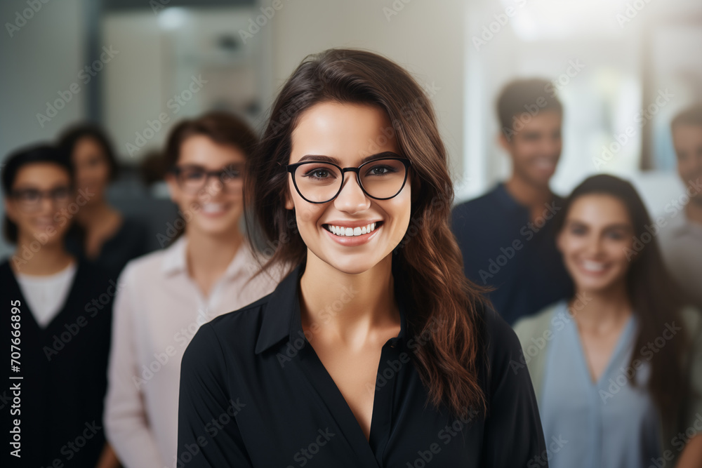 a girl with glasses and a black blouse stands in front of her colleagues a girl with glasses and a black blouse stands in front of her colleagues