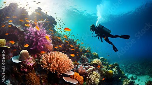Photo Scuba diving in tropical sea coral reef