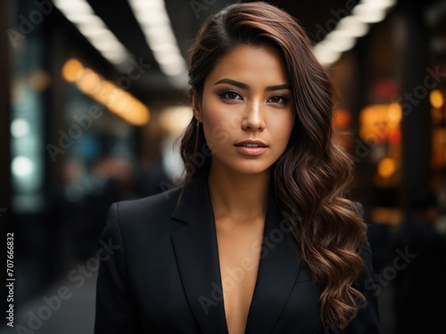 portrait of beautiful asian women in black coat looking at camera. Generative AI