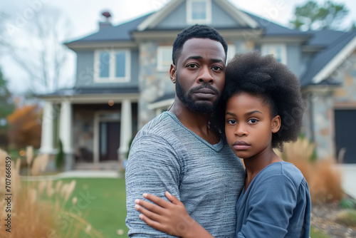 Sad serious African-American family father and daughter together against the backdrop of a house outdoors. Real estate problem, eviction concept photo