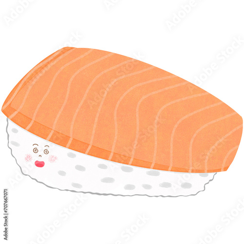It's a super cute cartoon salmon sushi with illustrations.