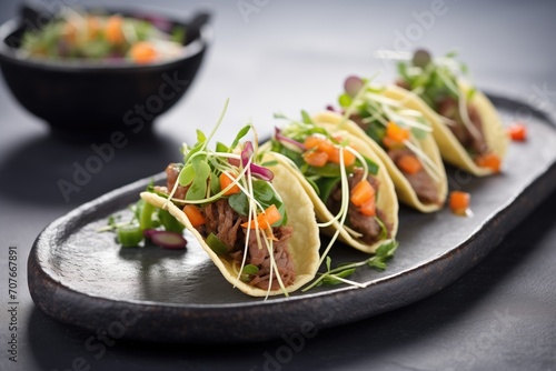 handcrafted beef tacos with microgreens on slate platter