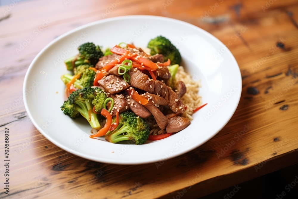 beef teriyaki stir-fry with peppers and broccoli florets beef teriyaki stir-fry with peppers and broccoli florets